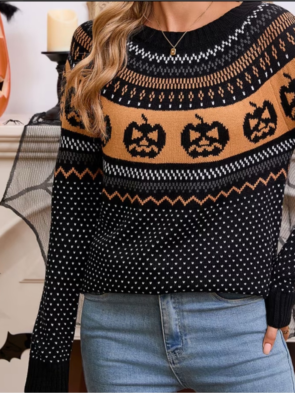 Retro Cozy Pumpkin Fair Isle Halloween Sweater - Picture 4 of 9